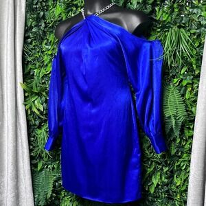 Aidan Mattox Dress 12 Blue Party Halter Cold Shoulder Long Sleeve Mini‎ 2941